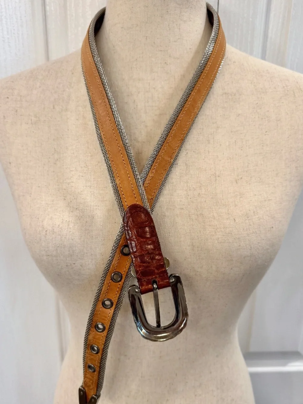 Vintage, Woman's Size Med *High End* Belt, Leather Mock-Croc & Sliver Mesh